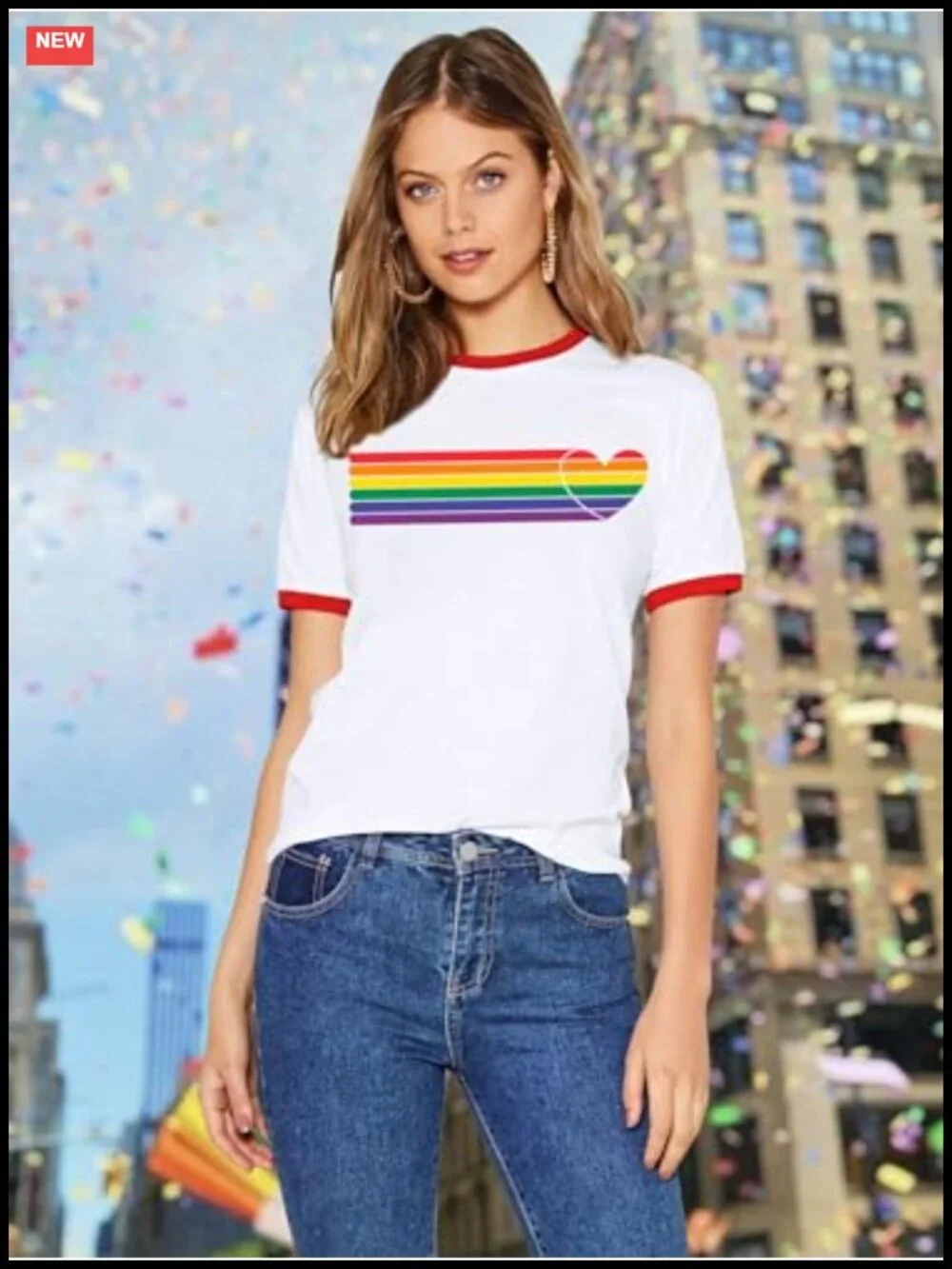 Rainbow Heart Pride Tee Women Short Sleeve Crewneck Ringer T-Shirt Polyester